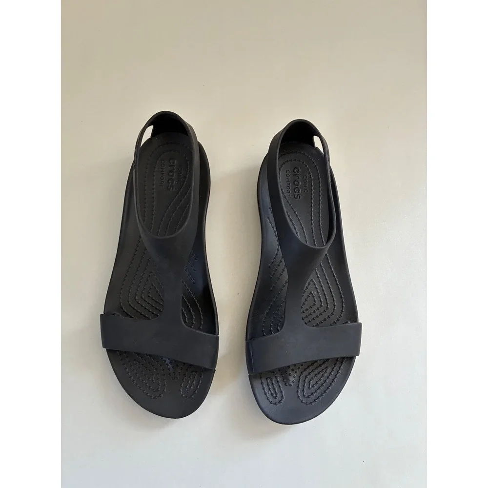 Crocs Serena Sandal Womens 7 Black T-Strap Flat Comfort Slide